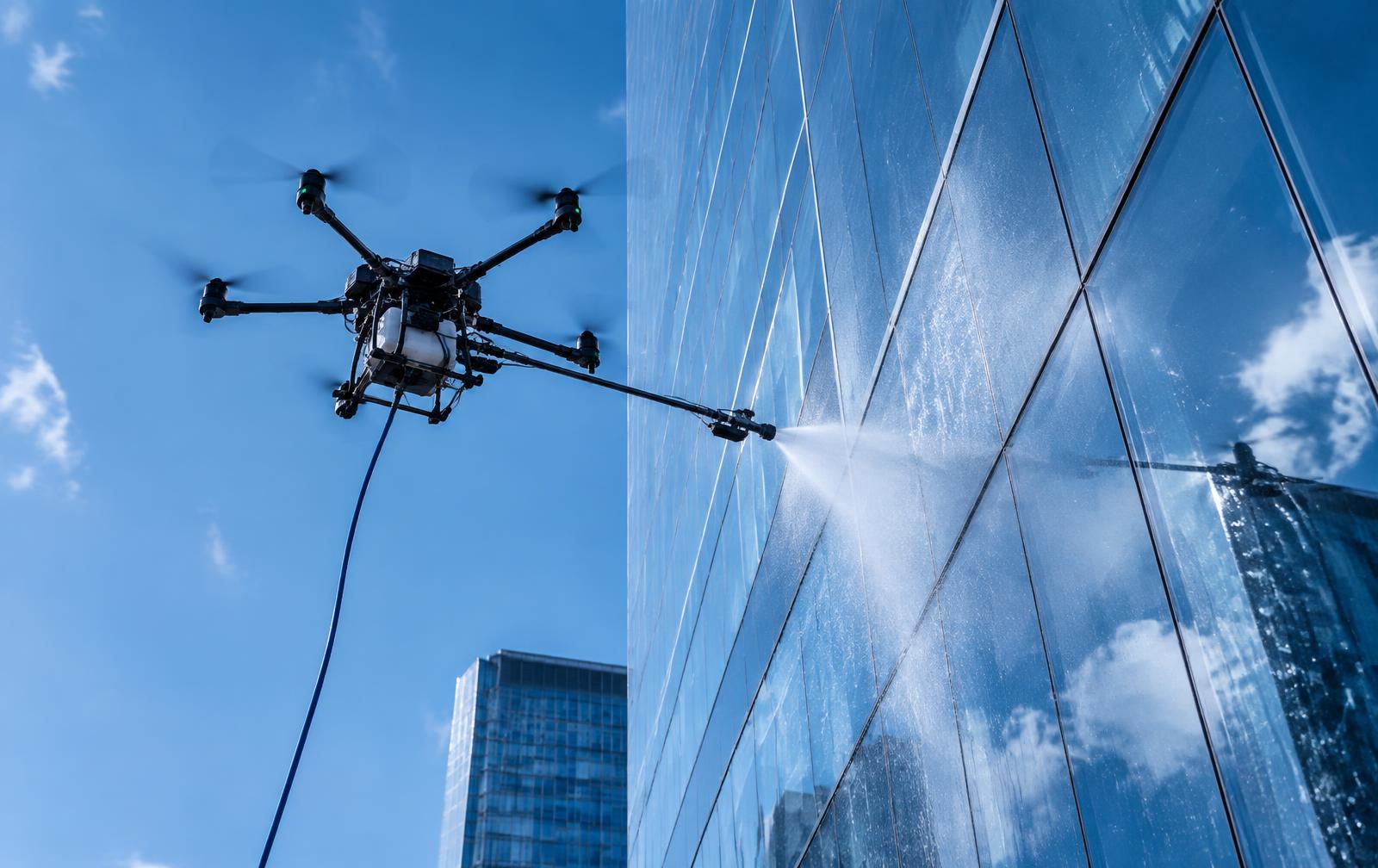 Drone lavando fachada de vidro de um edifício
